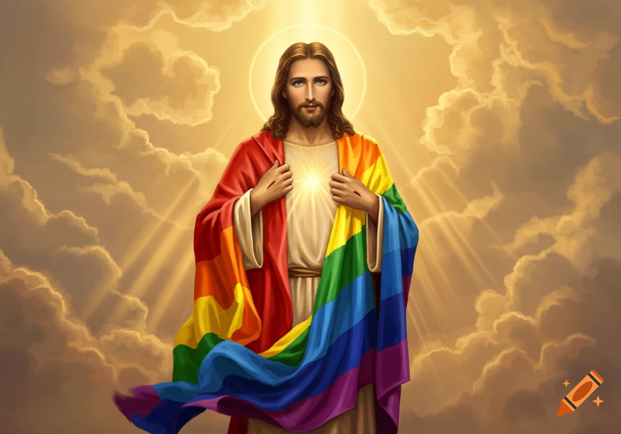 Illustration of Jesus Christ with a beard and long hair, standing in golden light and clouds, draped in a rainbow pride flag.