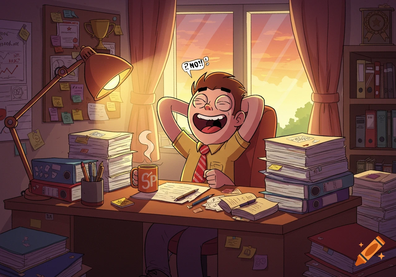 A happy cartoon man leans back in his office chair, surrounded by stacks of completed work, with a speech bubble saying "? NO!!".