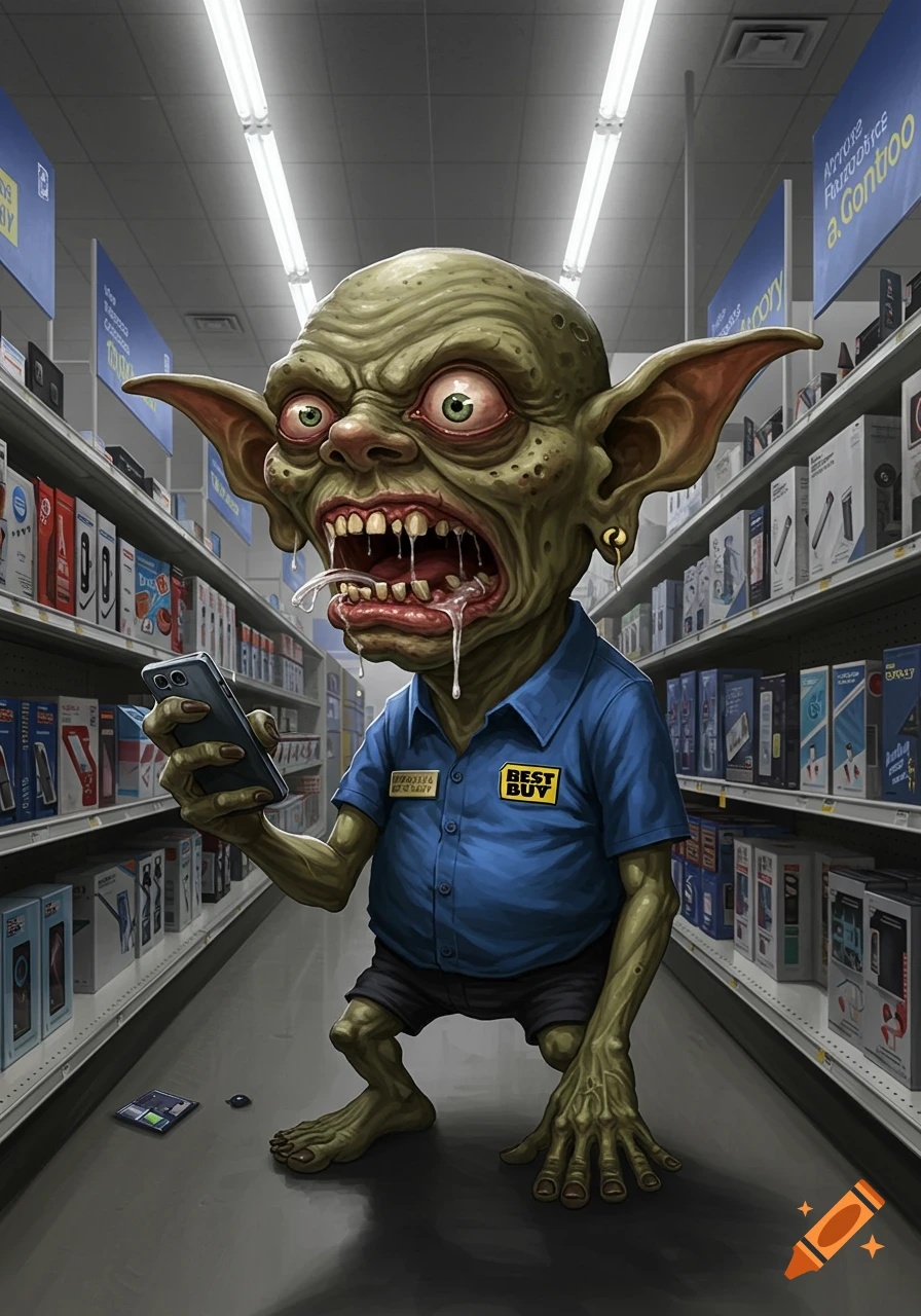 A grotesque, green-skinned goblin wearing a blue Best Buy uniform, hunched over in an aisle, drooling, and looking at a smartphone.