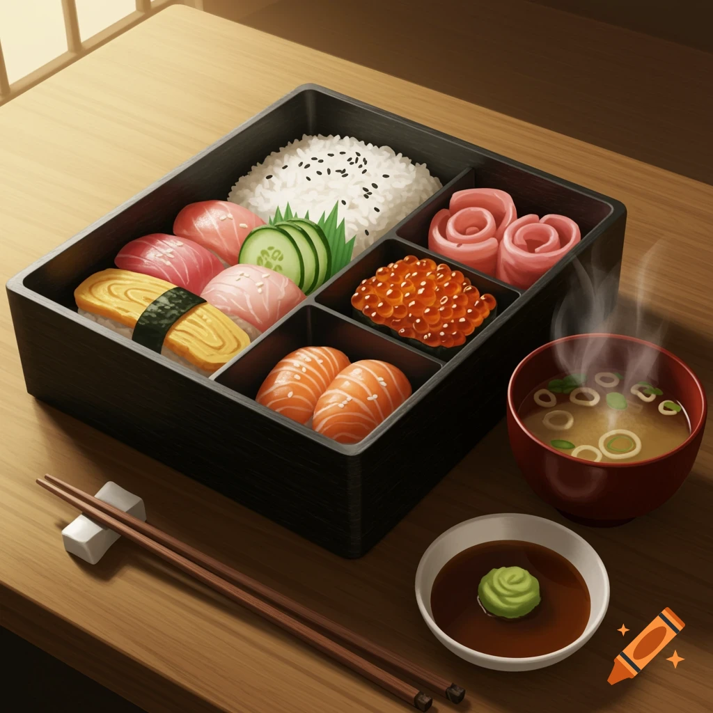A digital painting of a Japanese bento box filled with sushi, rice, and roe, served with miso soup, soy sauce, and chopsticks on a wooden table.