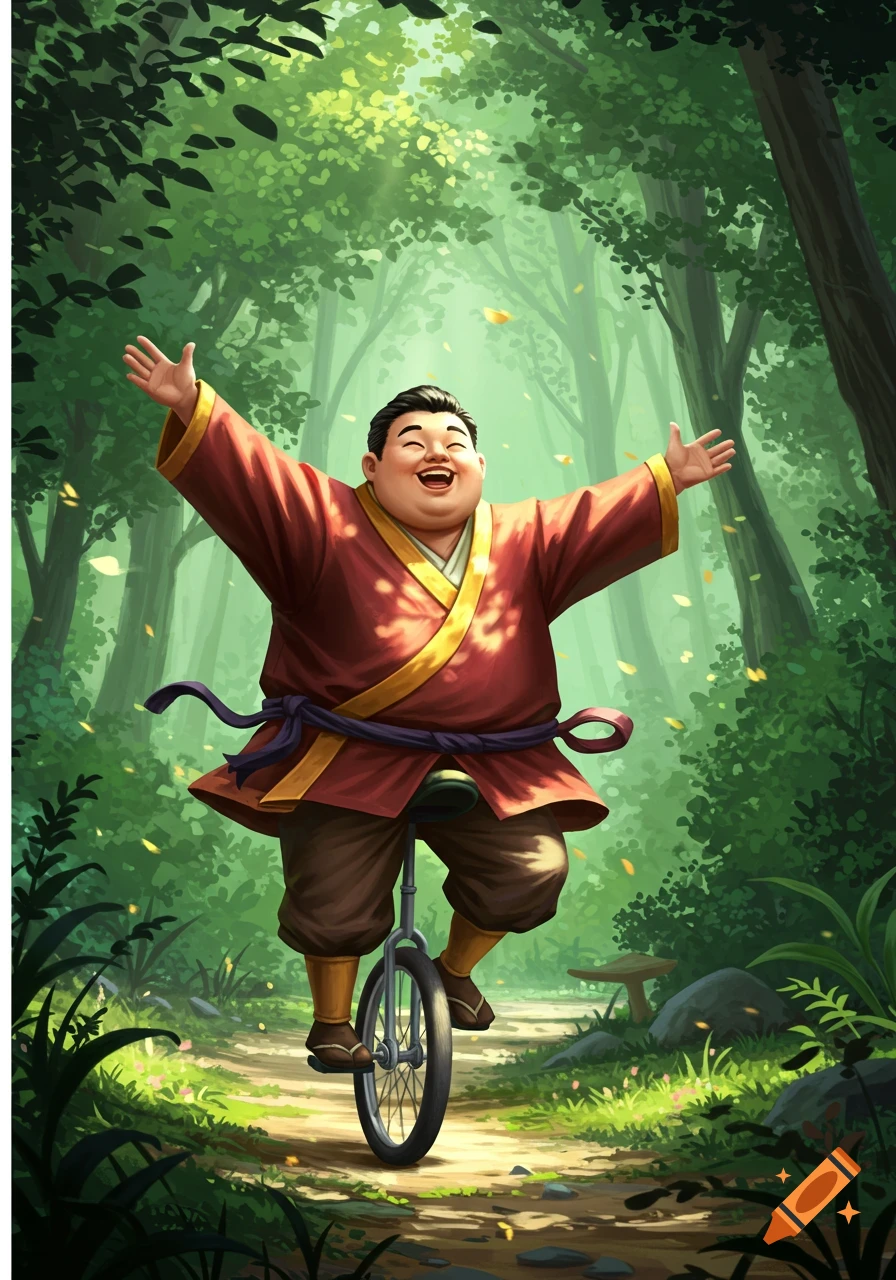 A cheerful, large Asian man in a red robe rides a unicycle with arms outstretched on a sunny forest path, with leaves falling.