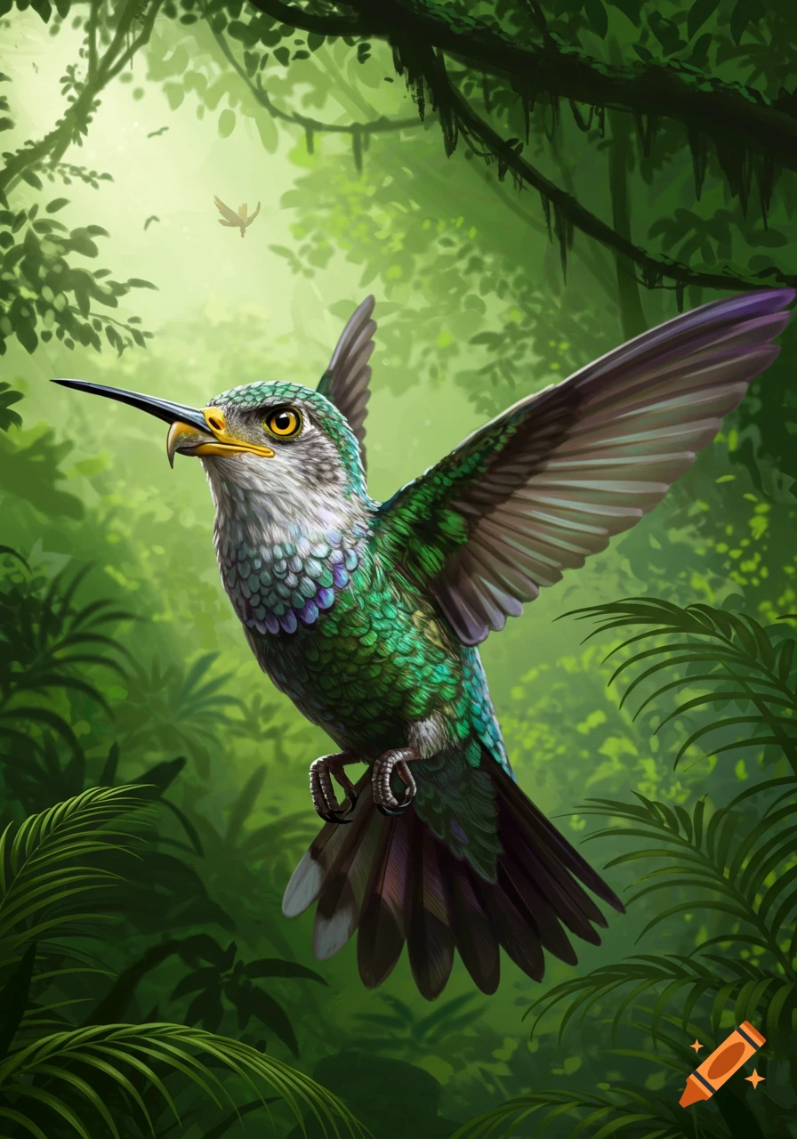 A vibrant, detailed illustration of a hummingbird with an eagle's head hovering in a lush green jungle.