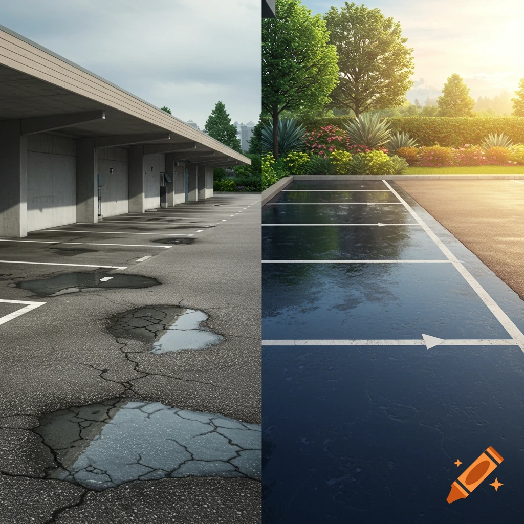 Photorealistic split image of a dilapidated, cracked parking lot on the left and a newly waterproofed, clean parking lot on the right.