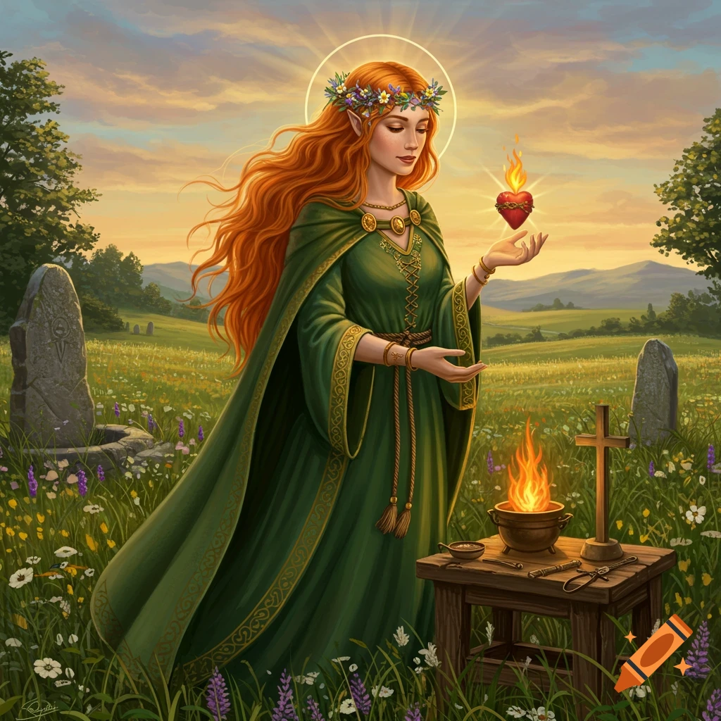 A red-haired woman in a green gown with a flower crown holds a flaming heart in a field with a ritual altar and stone monuments, under a sunset sky.