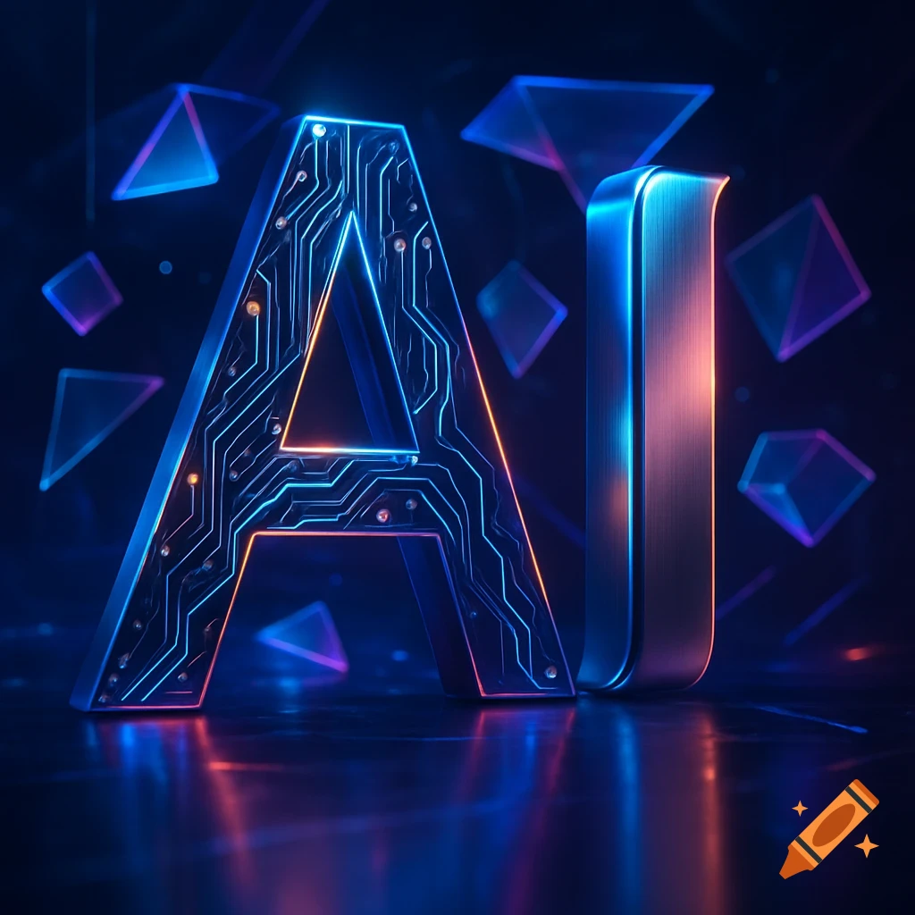 Neon lit letters 'AI' with circuit patterns on a reflective surface, surrounded by glowing geometric shapes.