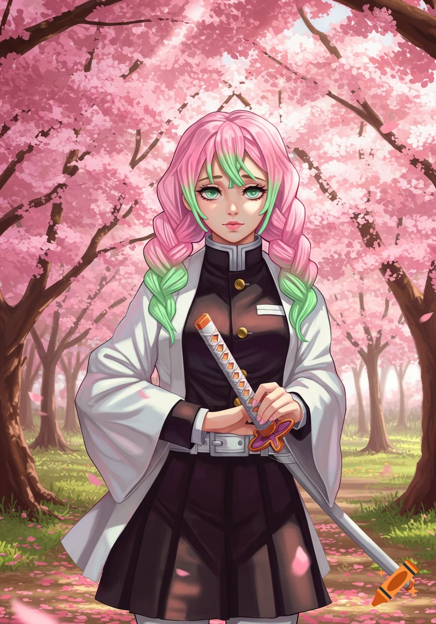 An anime girl with pink and green braided hair in a uniform holds a sword, standing on a path in a vibrant cherry blossom forest.