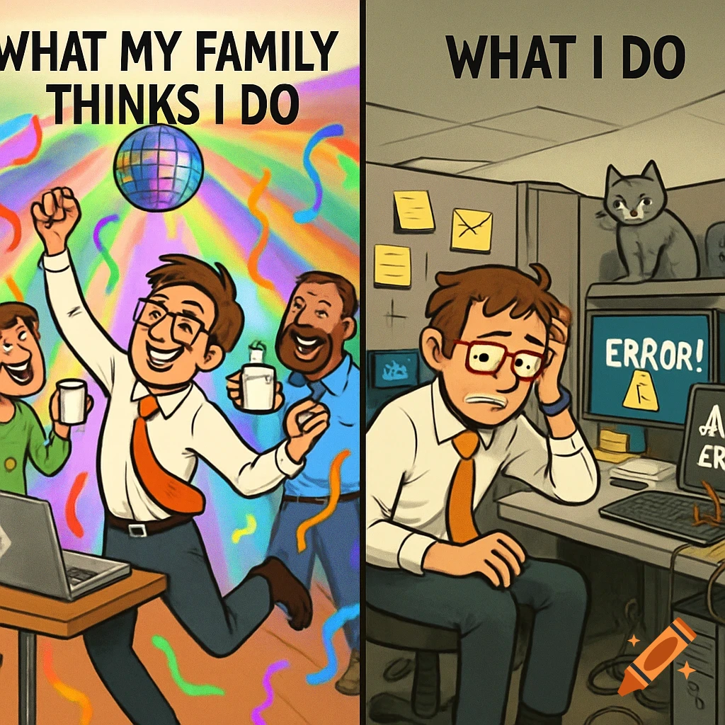 Cartoon meme contrasting 'What my family thinks I do' (man partying) with 'What I do' (man stressed at office with computer errors).