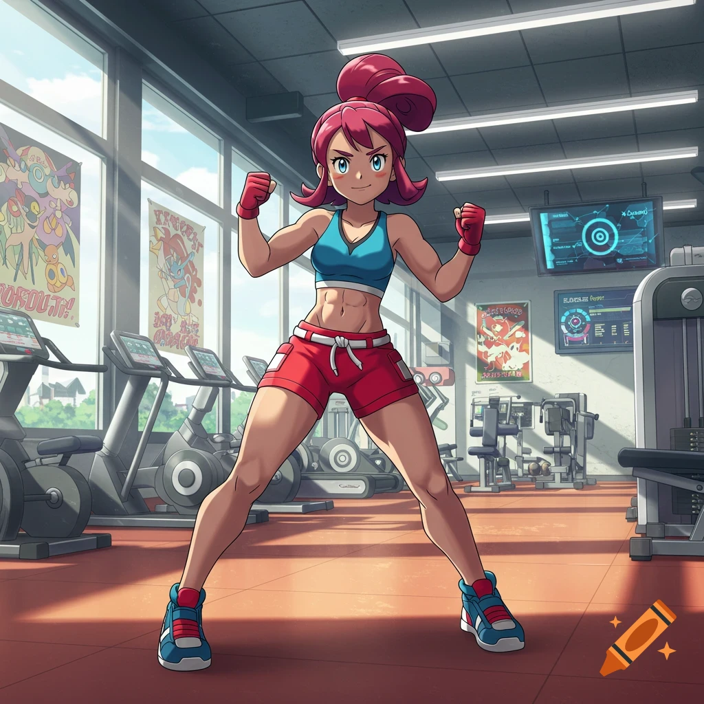 An anime girl, Liko from Pok emons, stands in a gym, flexing her muscular arms and abs, with treadmills and weight machines in the background.