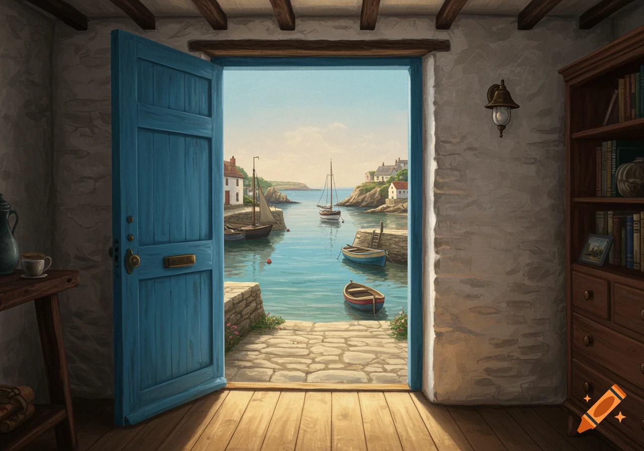A blue door opens to a picturesque painting of a coastal village with a harbor and moored boats.