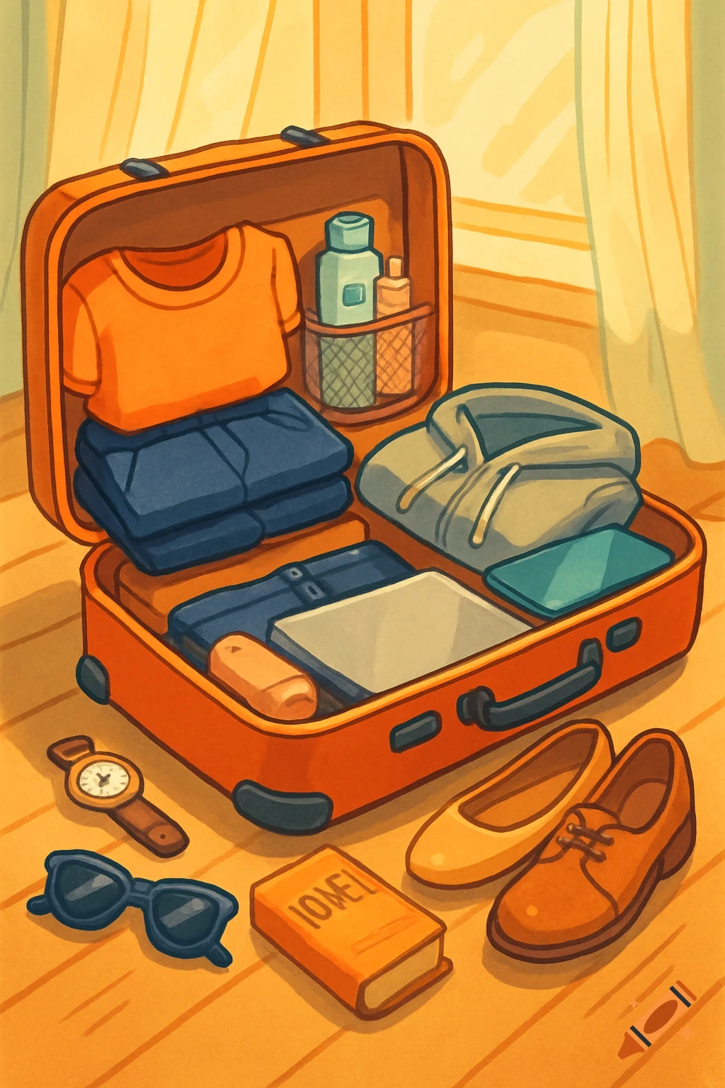 A vibrant illustration of an orange suitcase packed with clothes and essentials, with shoes, sunglasses, a watch, and a book on the floor.