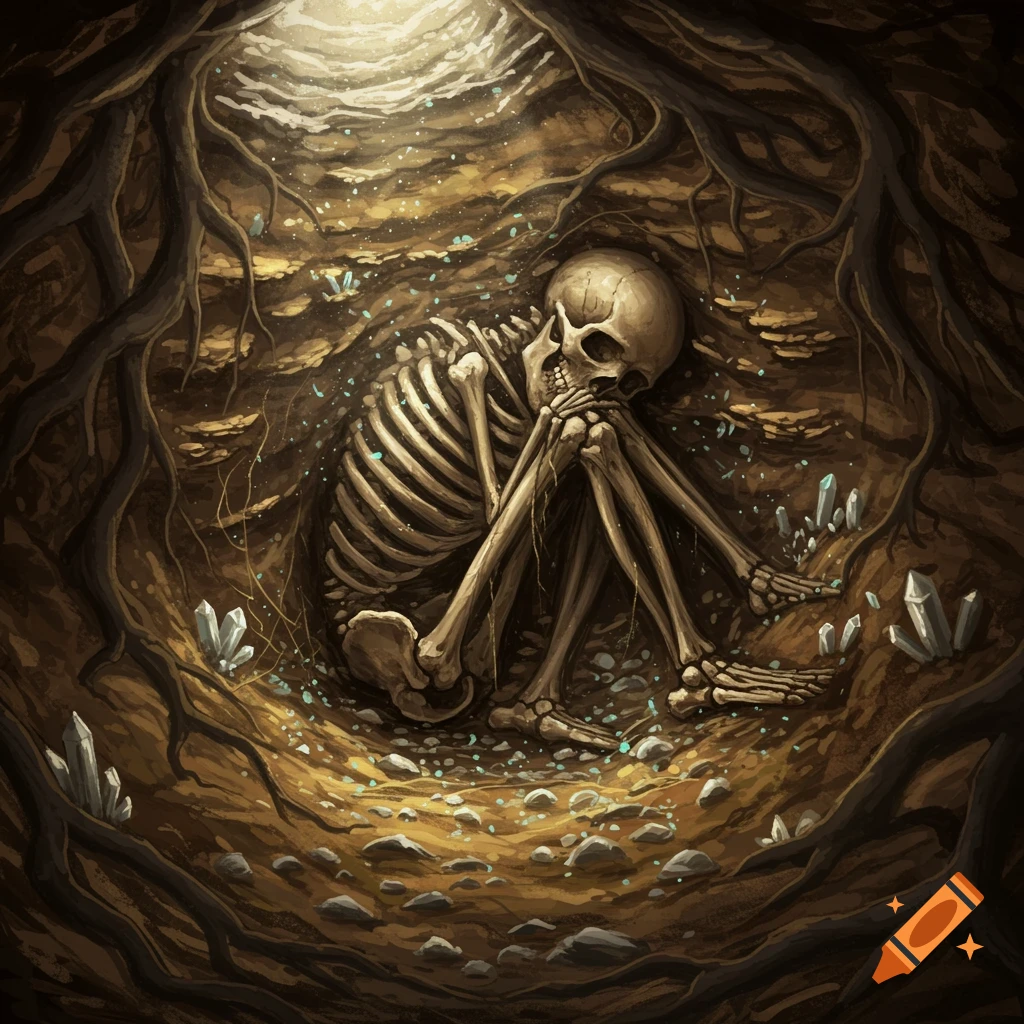 A skeleton in a fetal position lies in an underground cavern with roots, glowing crystals, and light filtering from above, in a detailed illustration.