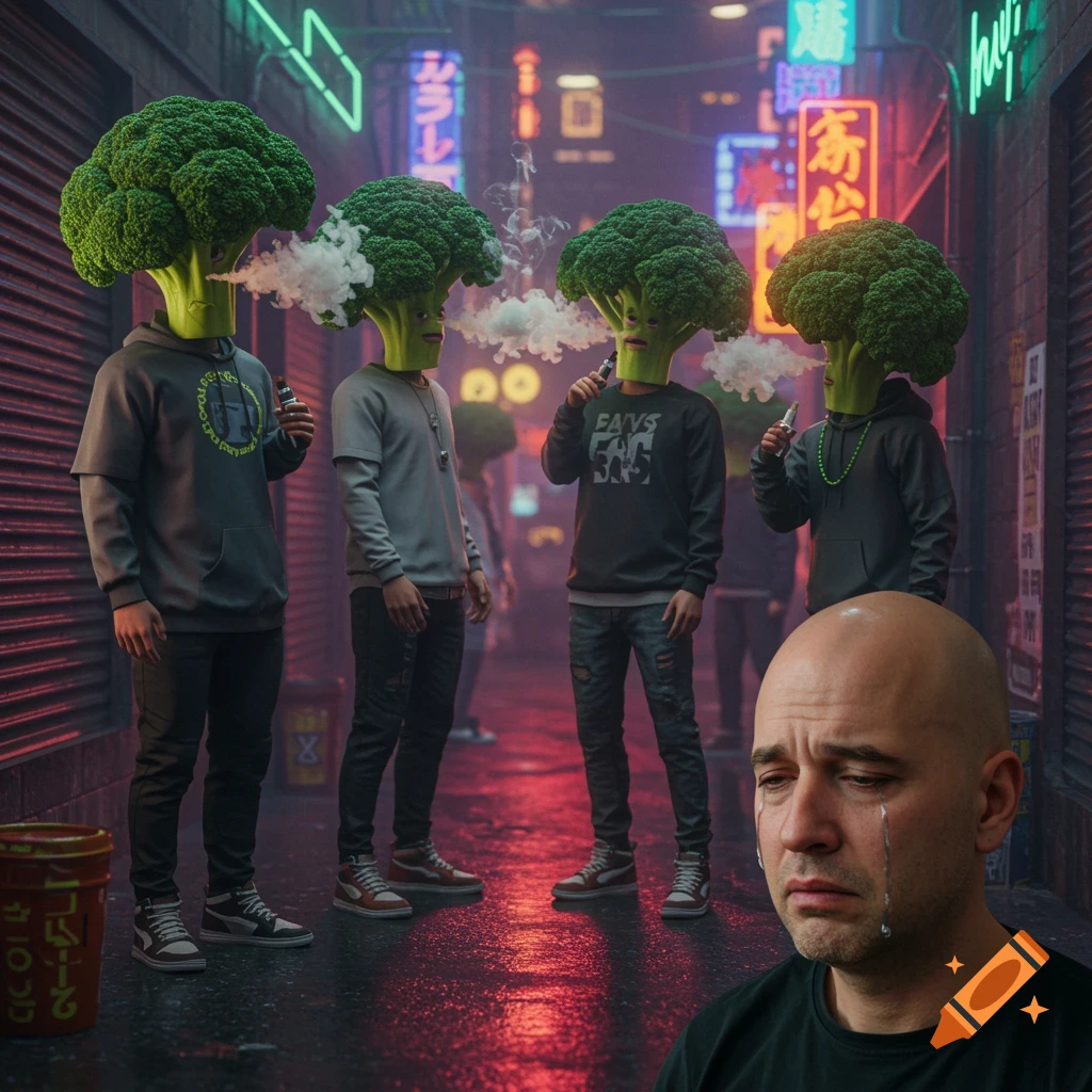 Four young men with broccoli heads vape on a neon-lit city street, while a bald man cries in the foreground. Photorealistic style.