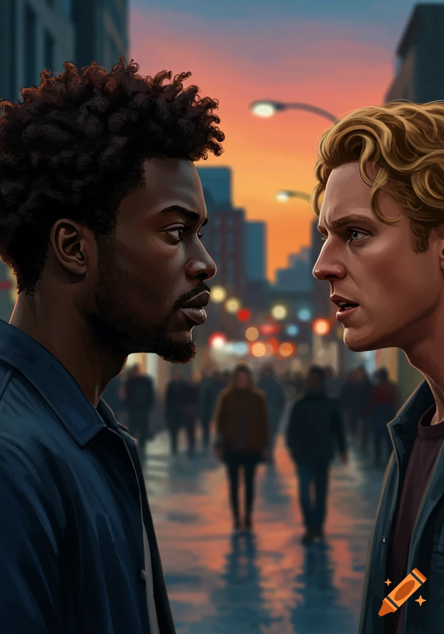 Two men, one Black with curly hair and one white with blonde hair, face each other intensely on a city street at sunset.
