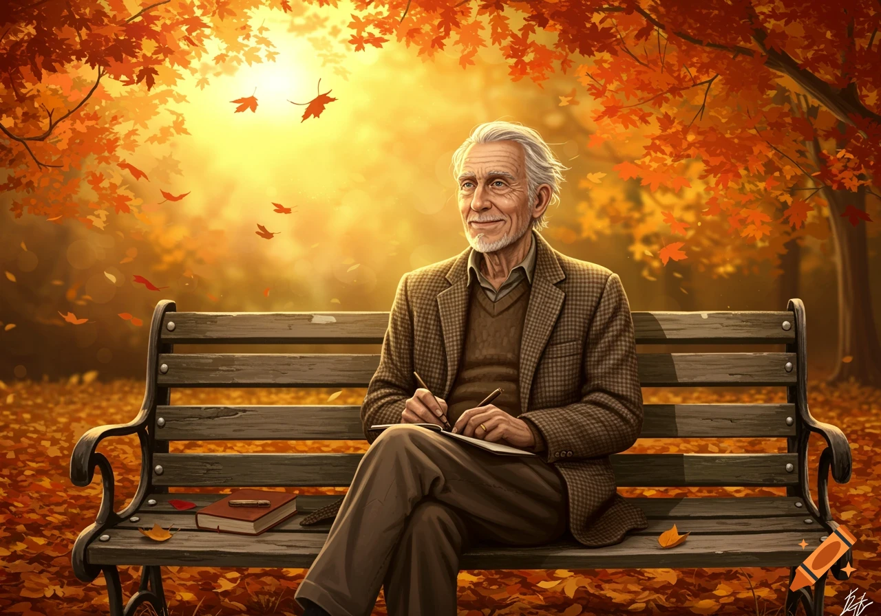 An elderly man with white hair sits on a wooden park bench, writing in a notebook amidst golden autumn leaves and sunlight.