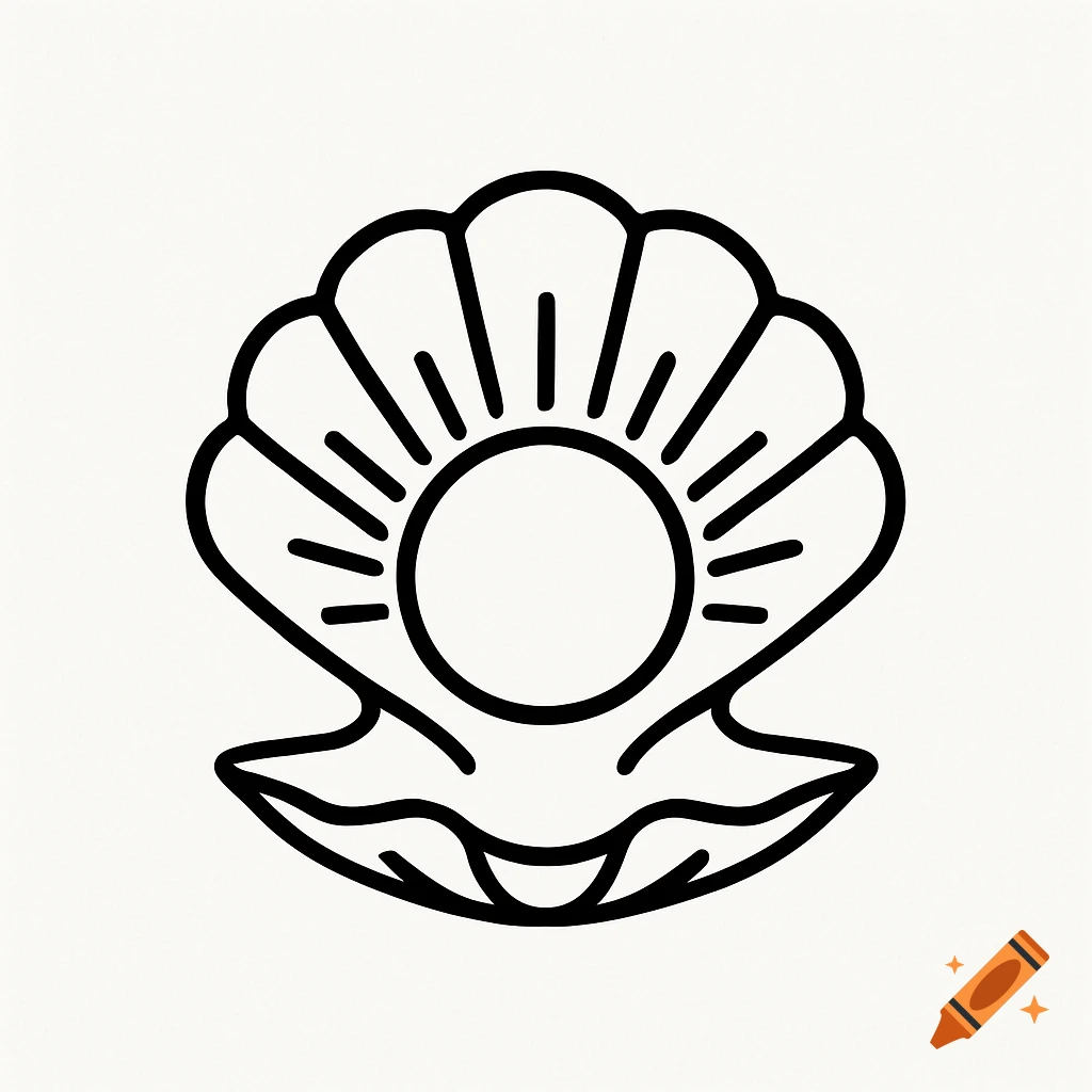 A simple black and white line art logo of a shell opening to reveal a sun.