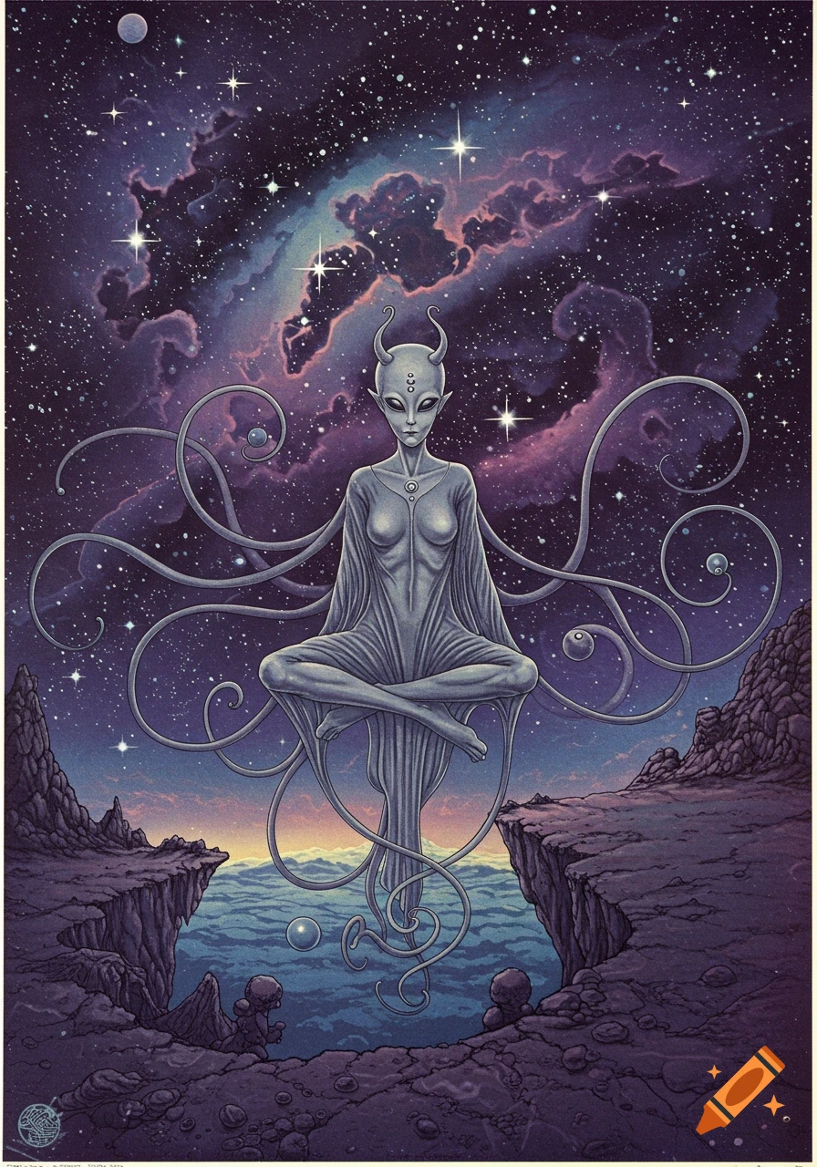 A gray-skinned alien woman with horns and tendrils floats in meditation above a cliffside overlooking a cosmic landscape, in a psychedelic art style.