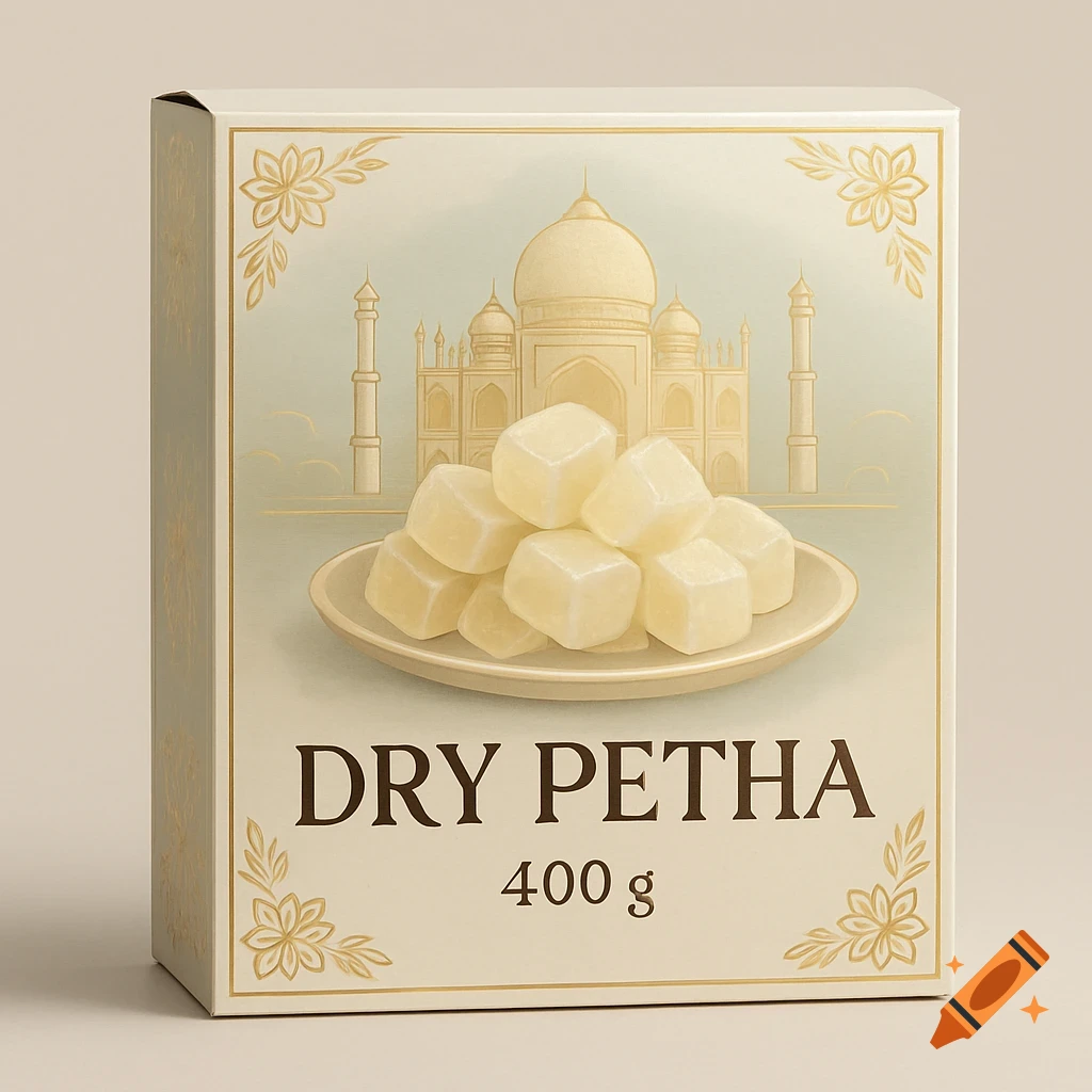 Illustrative packaging for Dry Petha, featuring the Taj Mahal and a plate of petha cubes on a cardboard box.