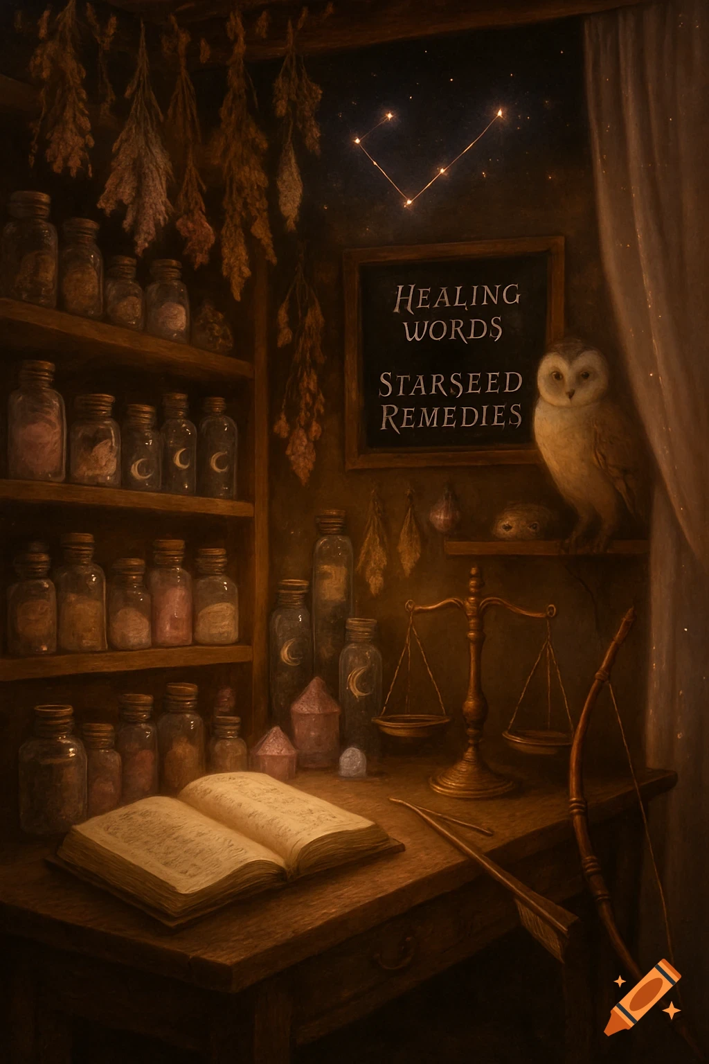 A mystical apothecary shop with shelves of jars, an open book, a scale, bow and arrow, an owl, and a chalkboard sign reading 'Healing Words Starseed Remedies' under a constellation.
