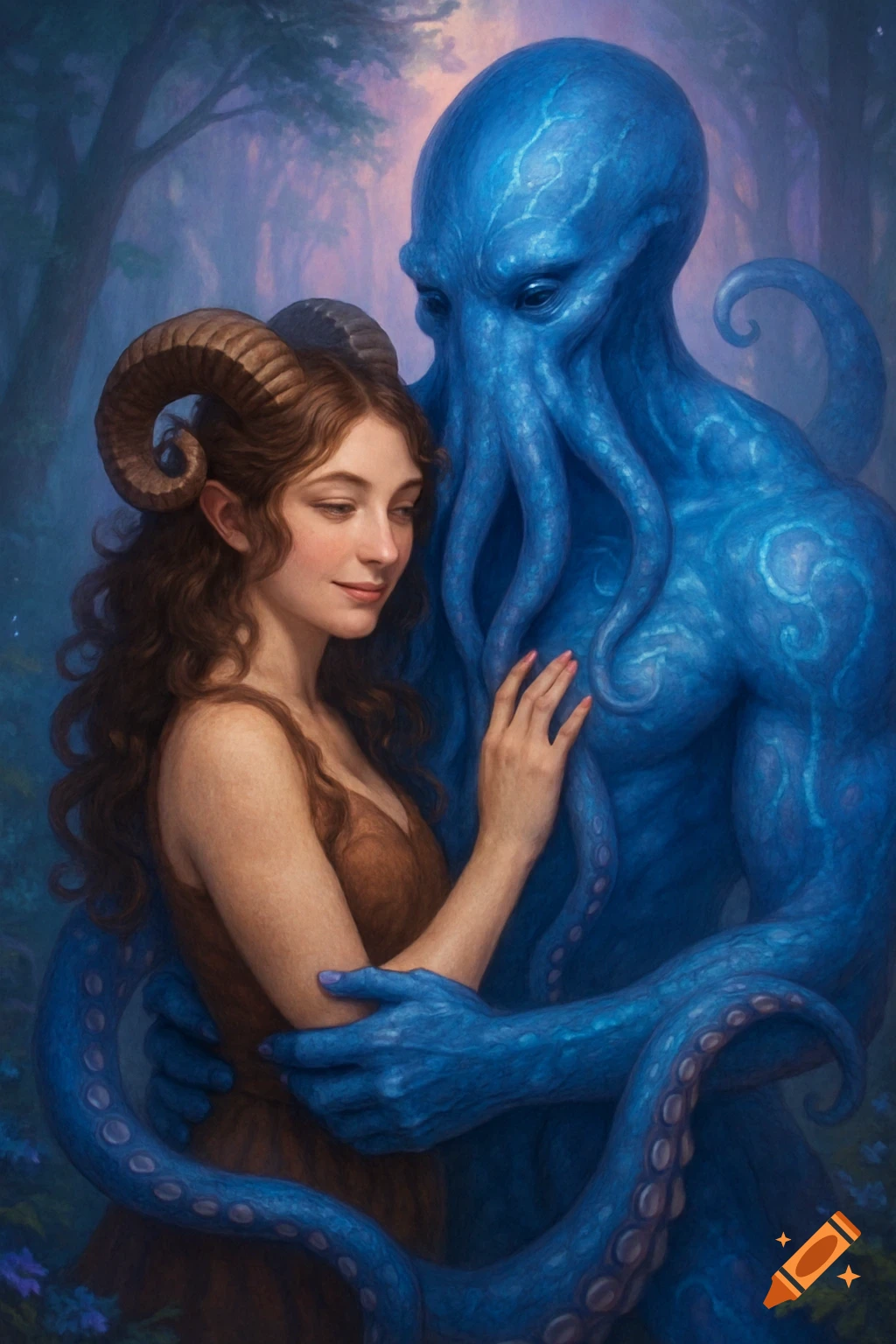A brown-haired woman with ram horns embraces a blue kraken humanoid in a mystical forest setting, painted in a romantic fantasy style.