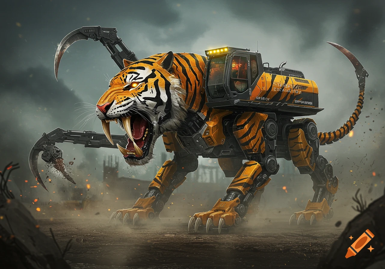 A powerful biomechanical tiger-excavator, named STRIPEJAW, with glowing eyes and large sabertooth claws, stands on a dusty battlefield.