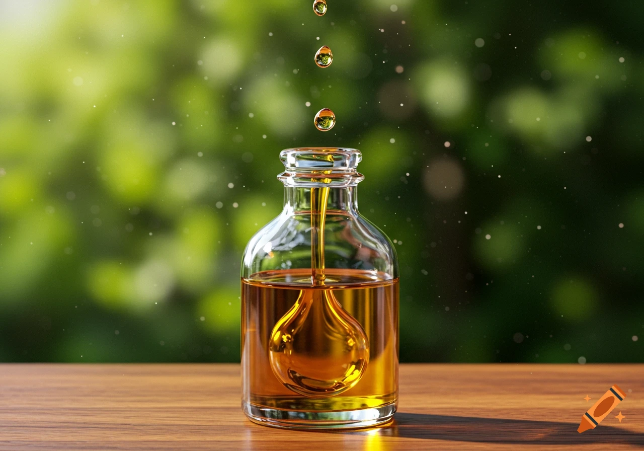 A photorealistic image of a glass bottle filled with golden oil on a wooden surface, with drops of liquid falling into it, against a blurred green background.