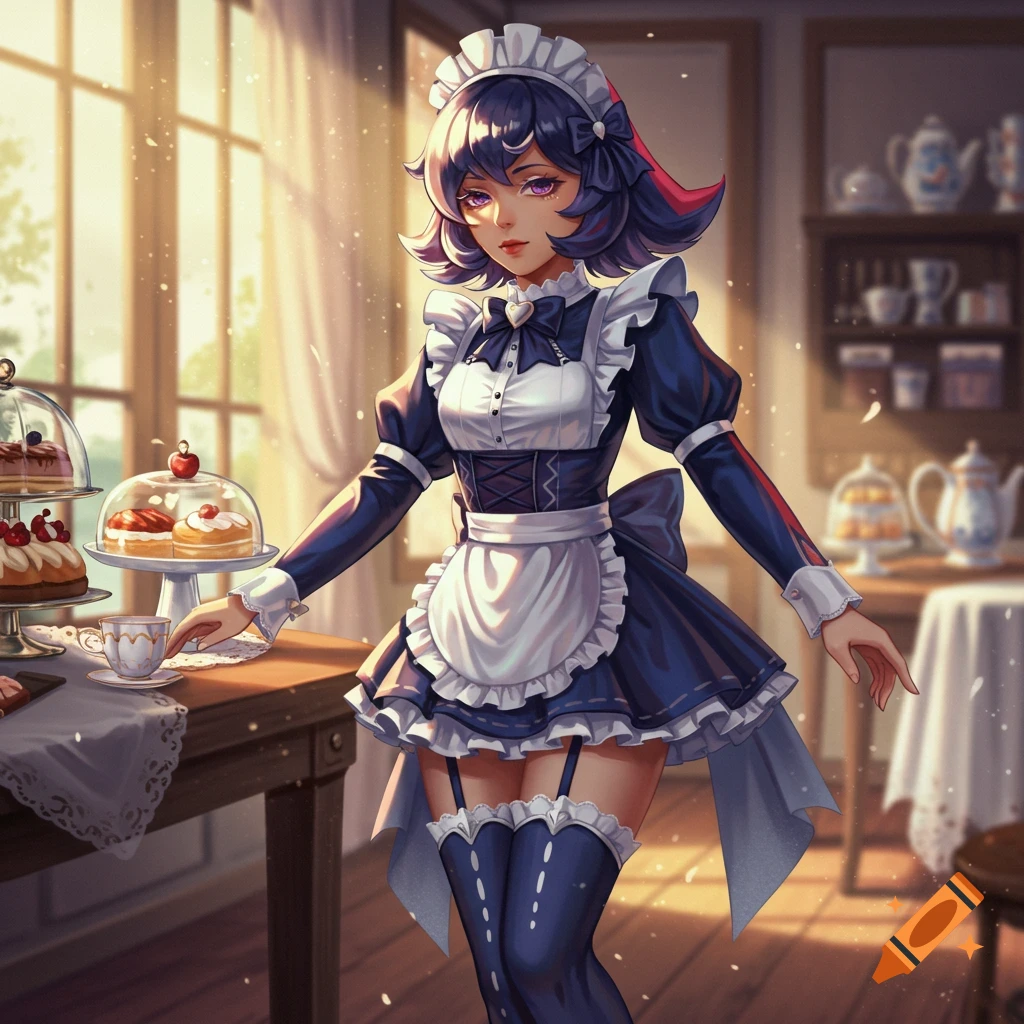 Anime-style character in a blue and white maid outfit standing in a sunlit bakery next to a table with pastries.