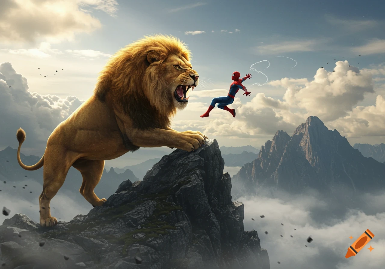 A large lion roars at Spiderman, who leaps from a rocky mountain peak surrounded by clouds.