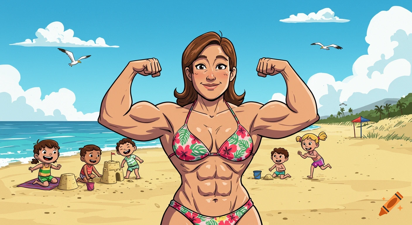 Cartoon of a muscular woman in a floral bikini flexing at the beach, with children playing in the sand.