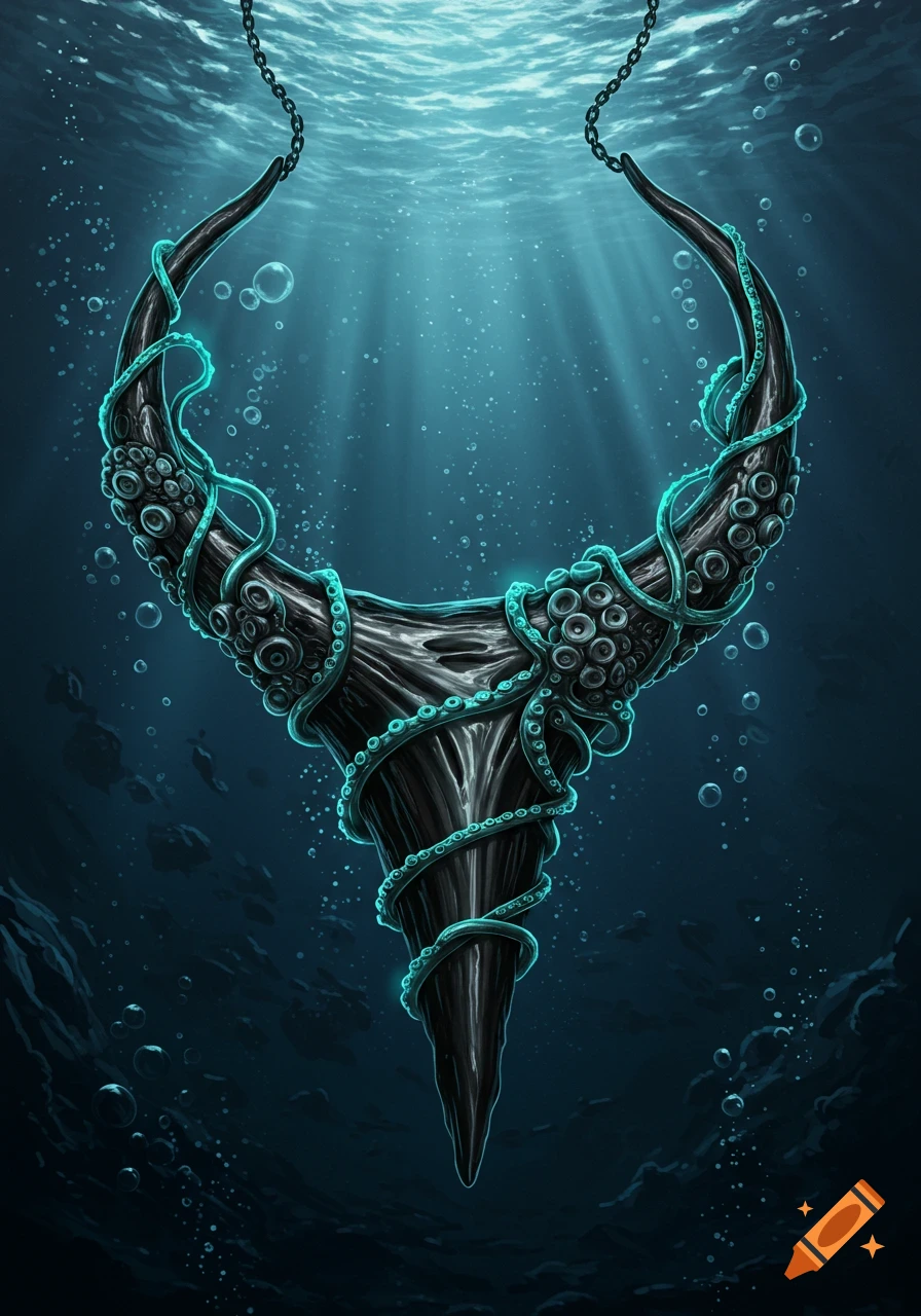 A mythical kraken beak necklace wrapped in glowing blue tentacles, suspended by chains in a dark underwater scene.