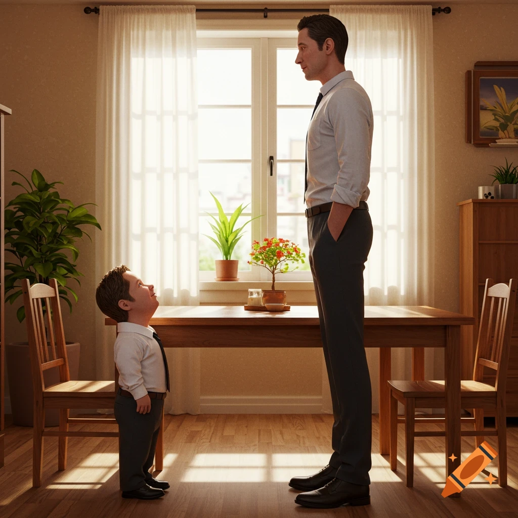 A very short man looks up at a tall man across a table in a sunlit dining room, illustrating a significant height difference.