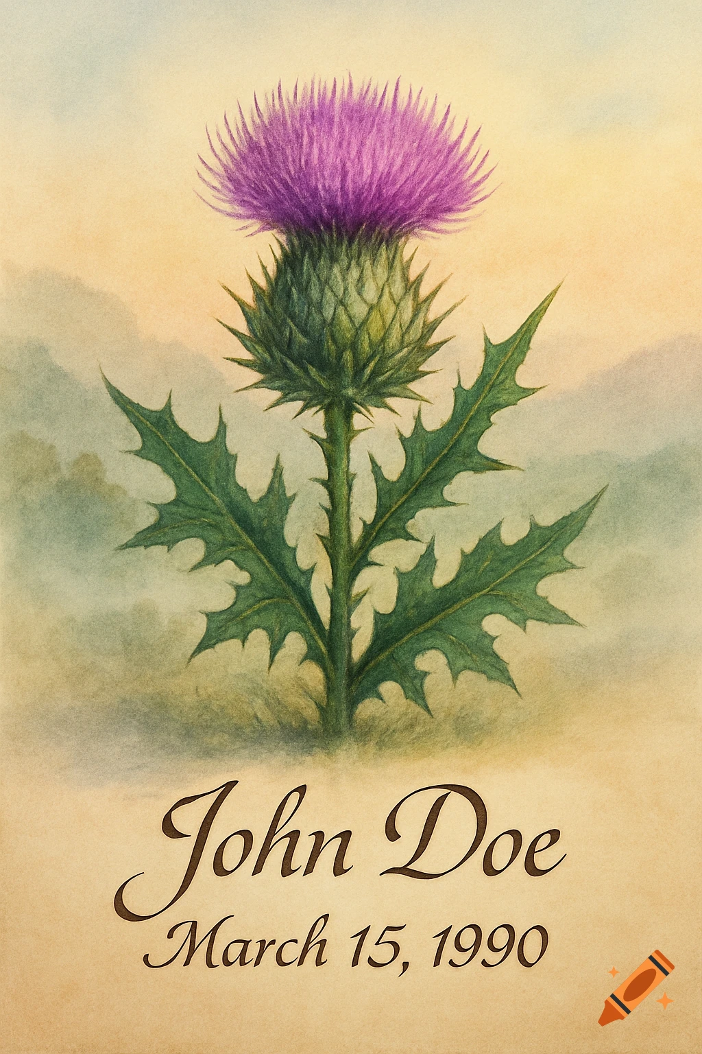 A watercolor illustration of a purple Scottish thistle with green leaves, with the name "John Doe" and date "March 15, 1990" below it.