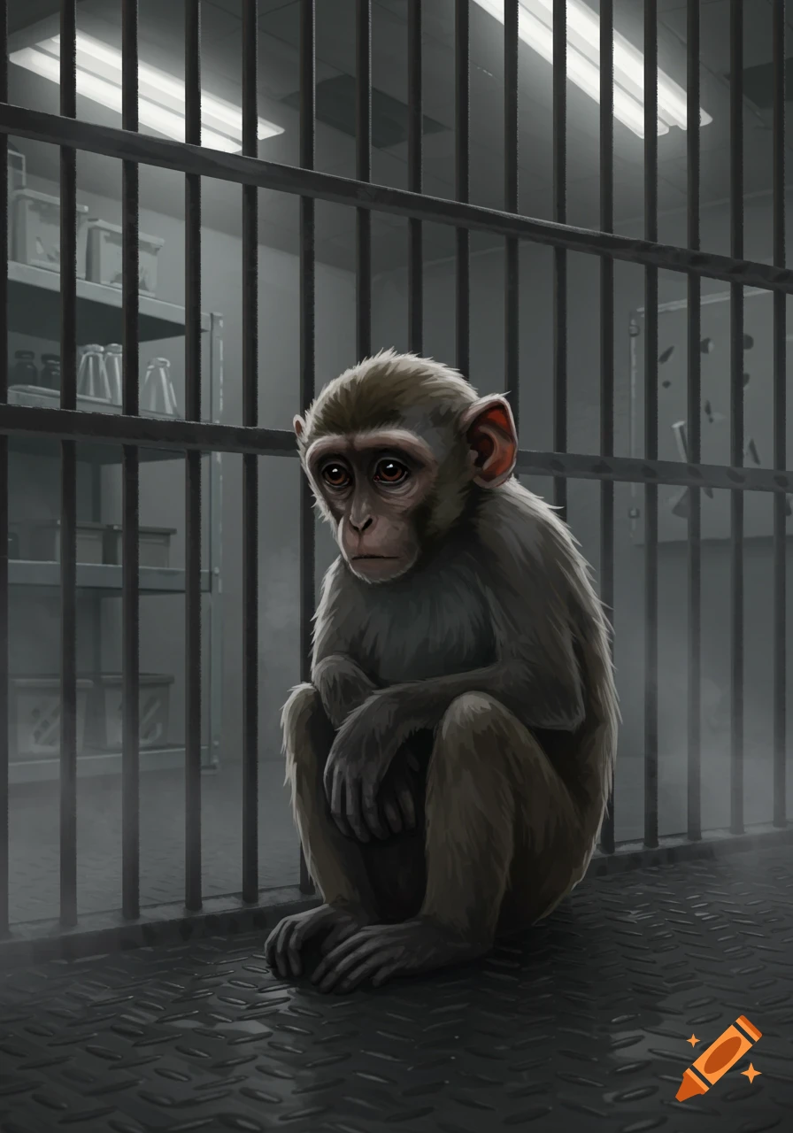 A sad monkey sits in a dark, metal cage with laboratory equipment on shelves in the background.