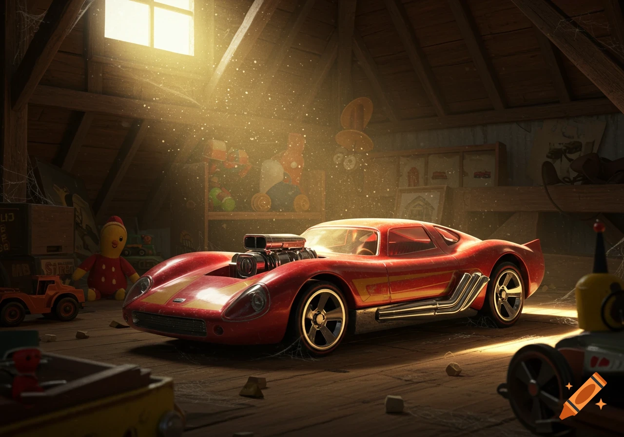A red toy race car sits in a dusty, sunlit attic, surrounded by old toys and cobwebs.