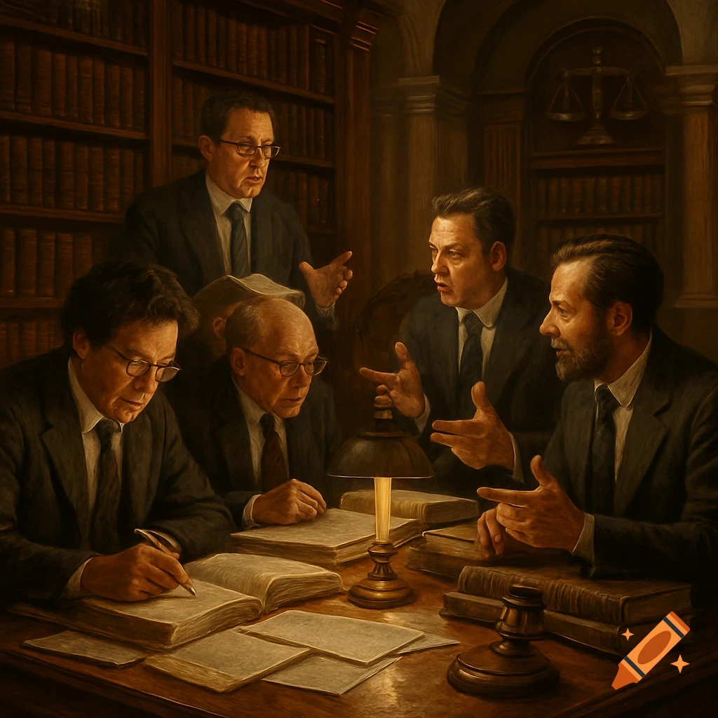 A group of men in suits discuss and study legal documents in a dimly lit library, reminiscent of an oil painting.