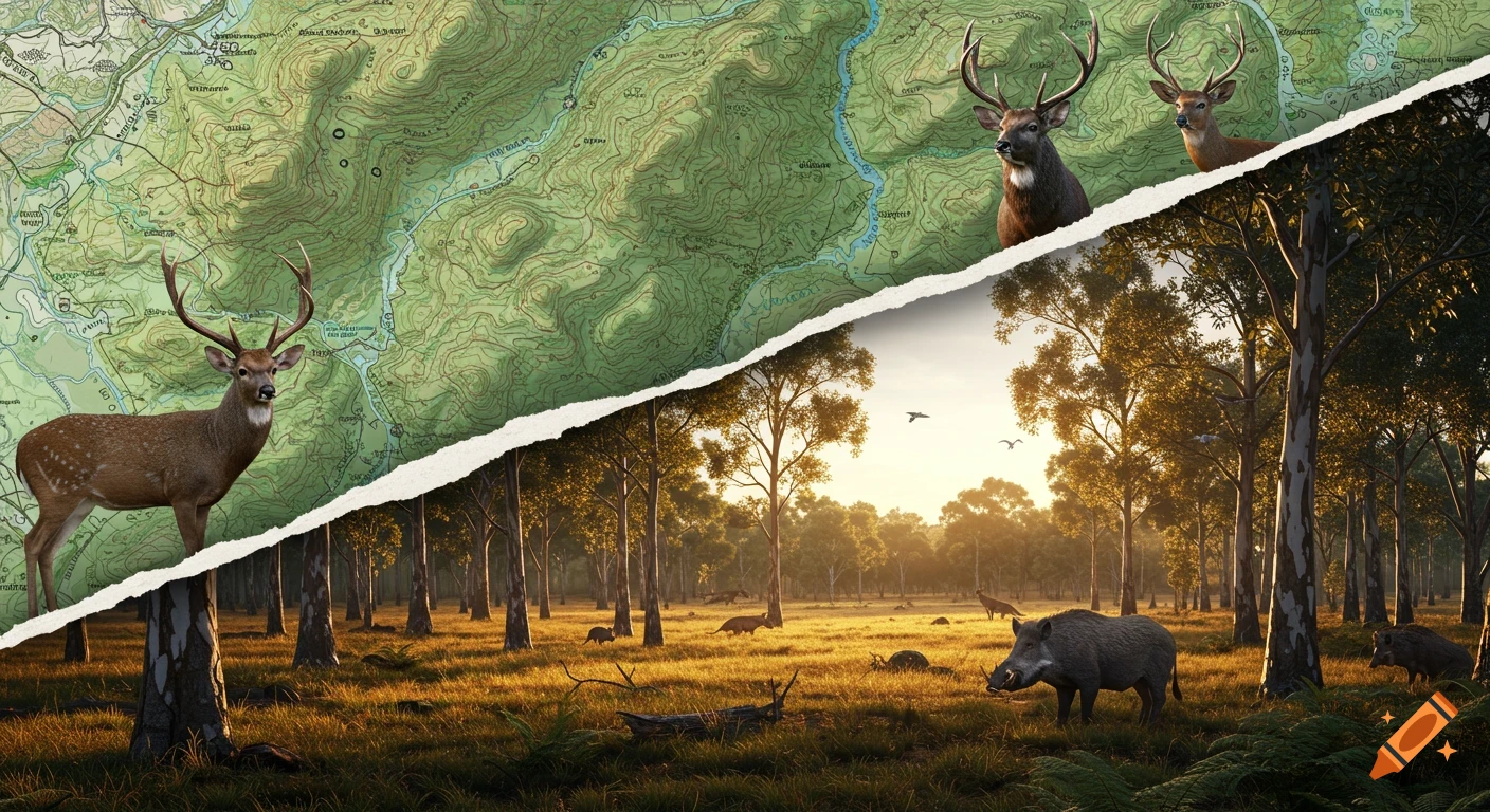 A photorealistic image diagonally split, with a topographic map featuring deer on top, and a sunlit eucalyptus forest with wild boars and kangaroos below.