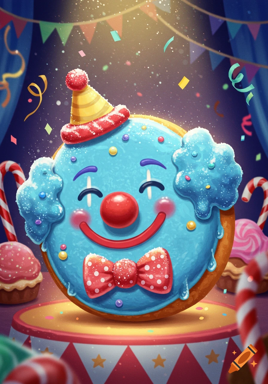 A whimsical illustration of a smiling blue clown cookie with a party hat and bow tie on a circus stage, surrounded by confetti and sweets.