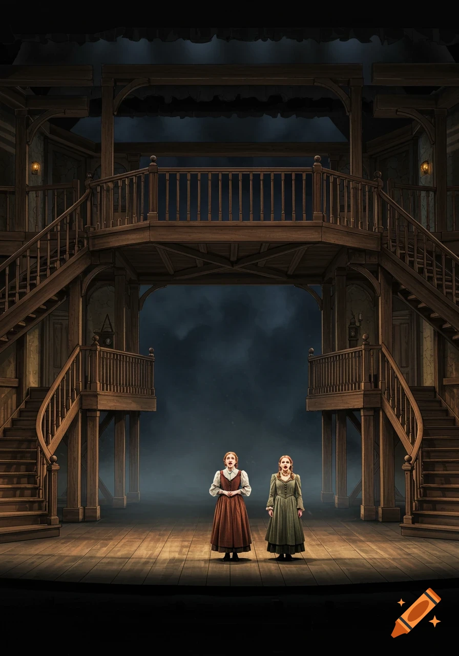 A detailed wooden two-story stage set with twin staircases and two women in historical dresses standing on the main stage.