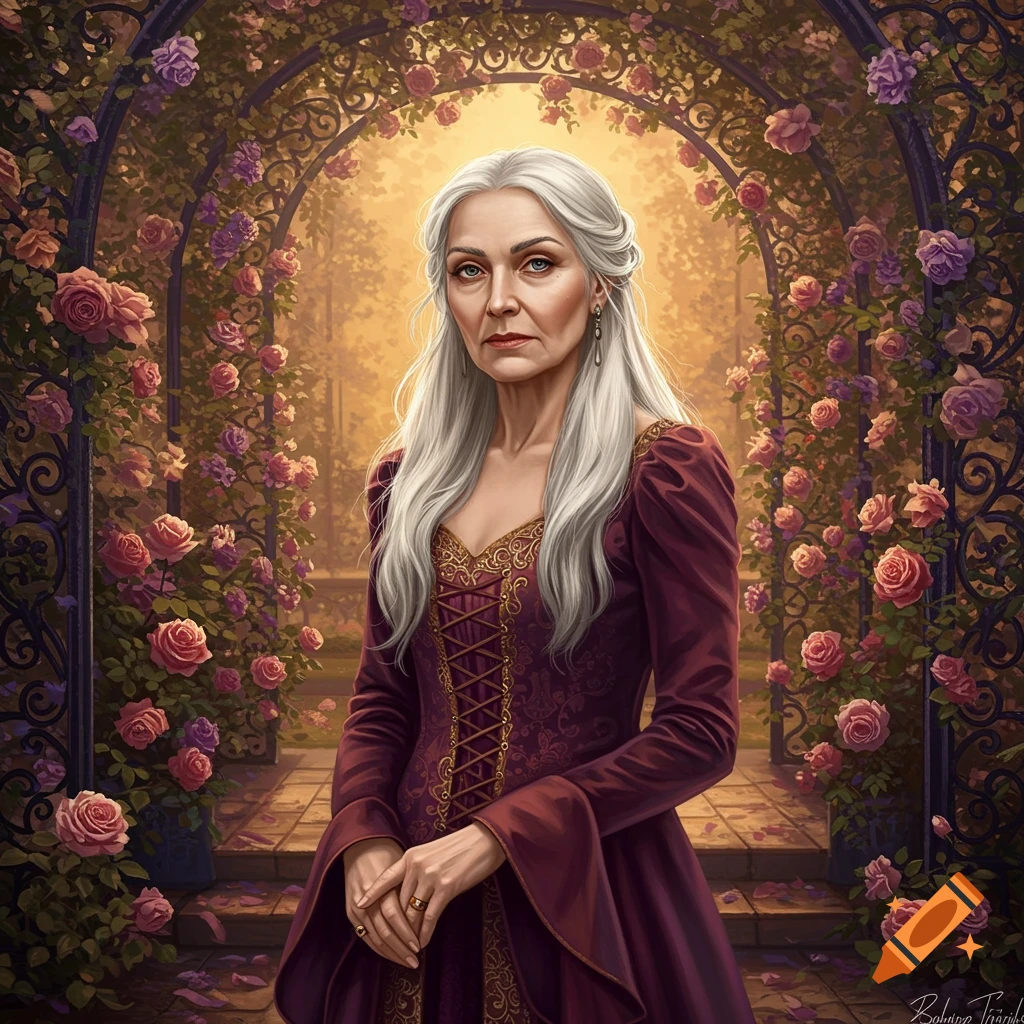 An elegant elderly woman with long white hair stands in a vibrant rose garden under a floral archway, in a photorealistic style.