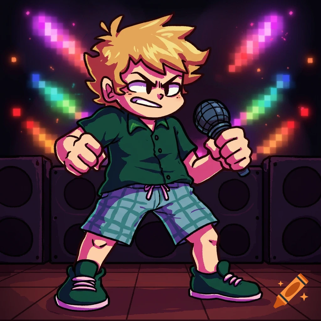 A blond, cartoon boy with an angry expression, wearing a green shirt and plaid shorts, holds a microphone on a stage with pixelated lights in a Friday Night Funkin' style.