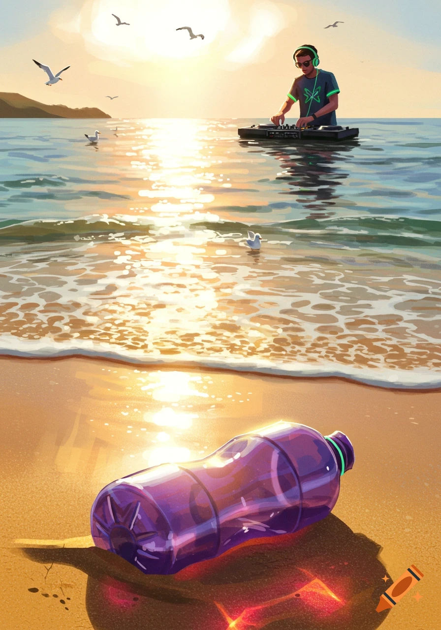 An illustration of a DJ on a floating platform in the ocean at sunset, with a purple plastic bottle on the sandy beach in the foreground.