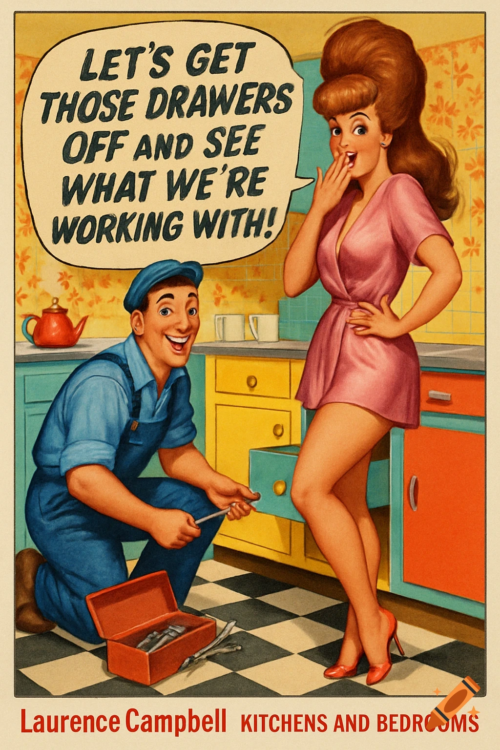 Retro illustration of a man fixing kitchen drawers while a woman watches, with a humorous speech bubble.