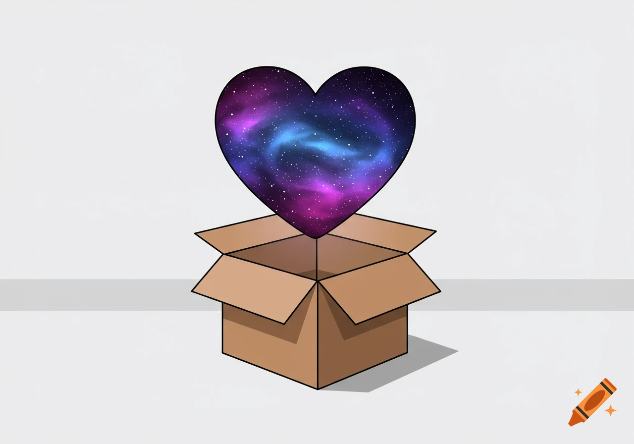 An illustrated heart with a galaxy pattern floats above an open cardboard box on a gray surface.