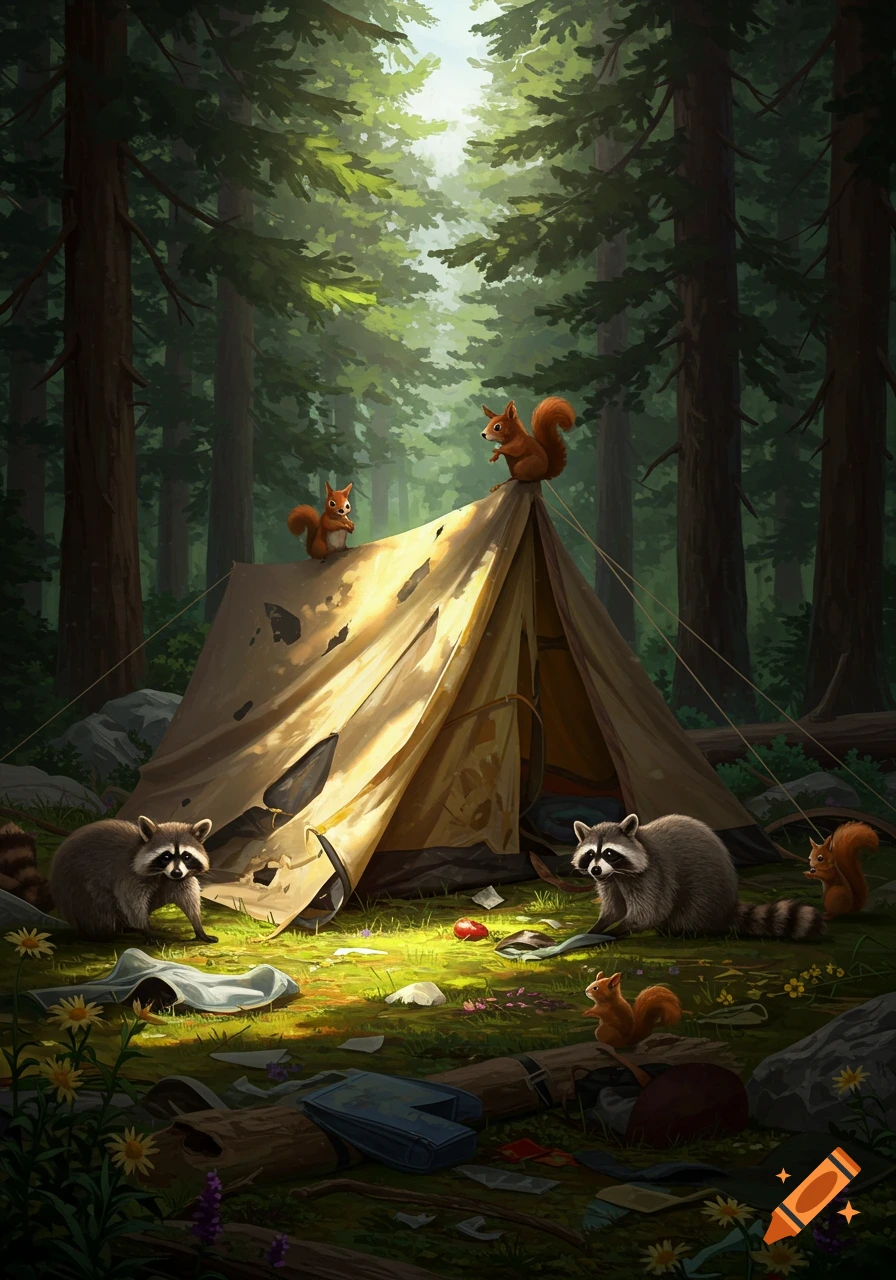 Illustration of raccoons and squirrels around a damaged tent in a sunlit forest.