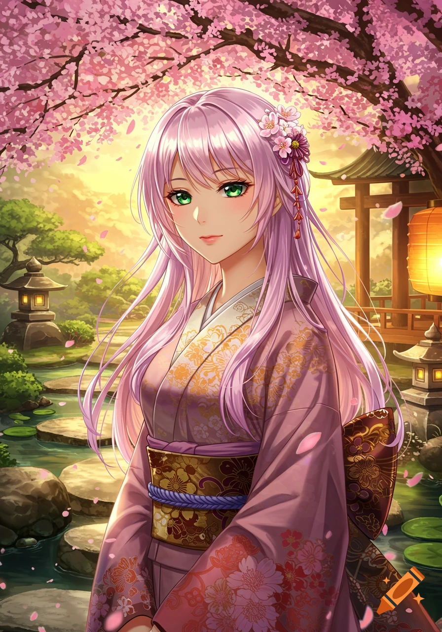 Anime girl with pink hair and green eyes in a pink kimono, standing in a cherry blossom Japanese garden at sunset.