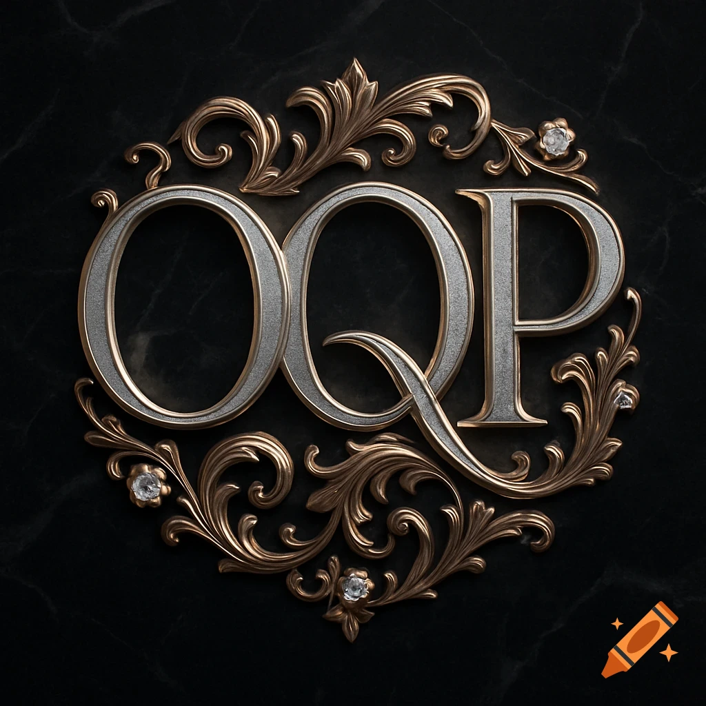 Luxurious metallic OQP letters in an ornate gold filigree frame with diamonds, on a dark marble background.