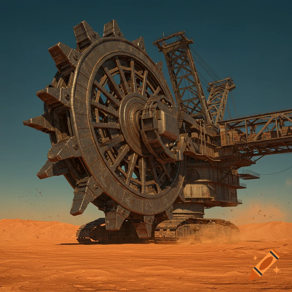 A massive industrial mining machine with a large toothed wheel stands in a barren, reddish-brown desert under a clear blue sky.