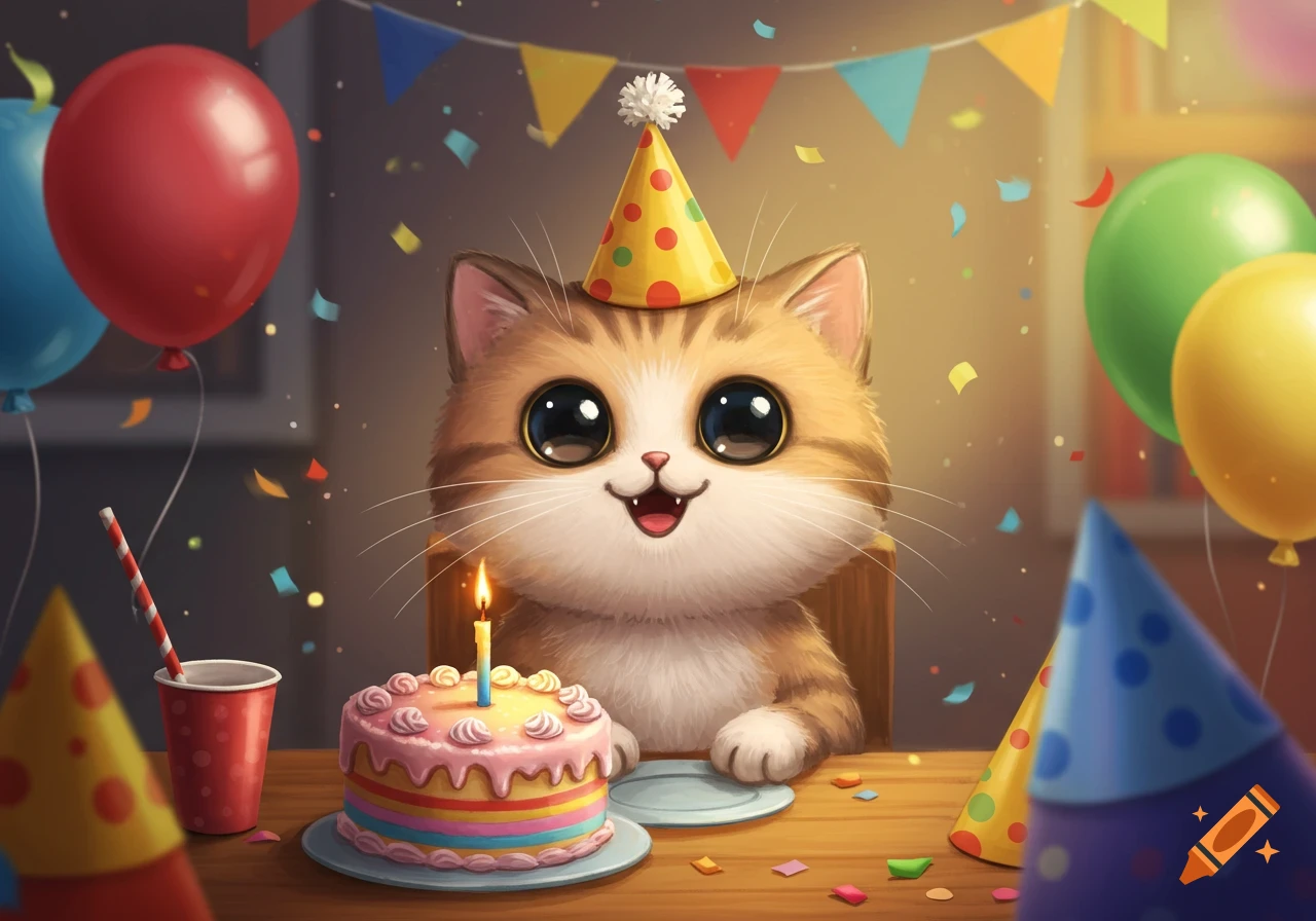Cute cartoon cat wearing a party hat, sitting at a table with a colorful birthday cake and balloons, surrounded by confetti.