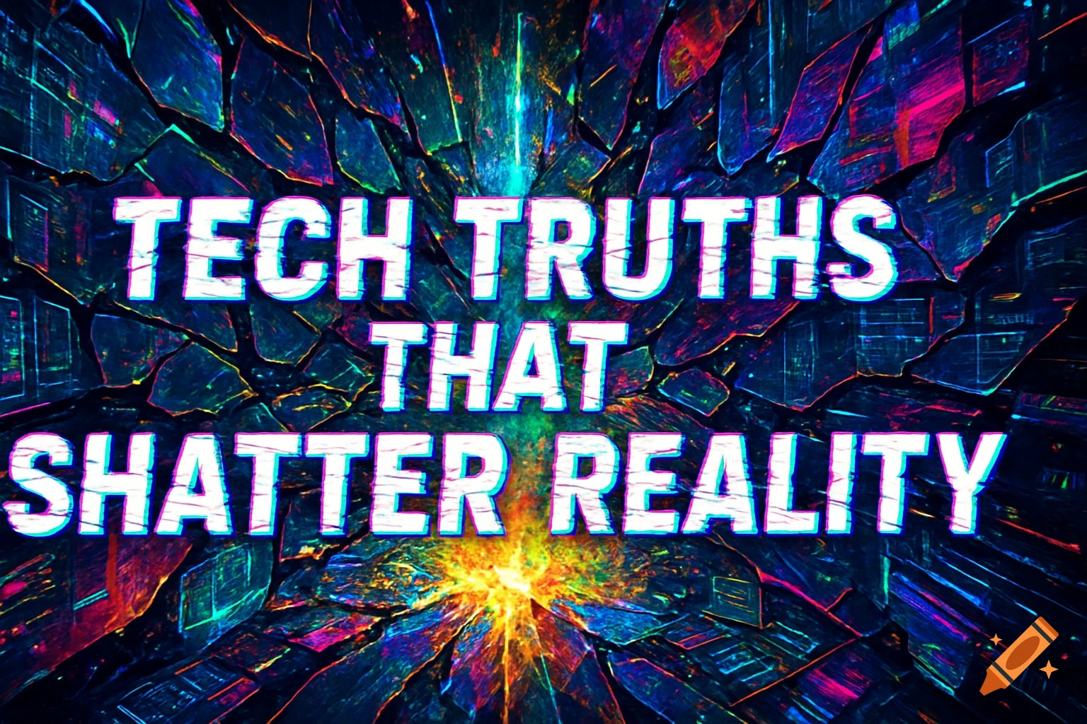 Bold white text 'TECH TRUTHS THAT SHATTER REALITY' on a vibrant, shattered digital background with neon lights and glitch effects.