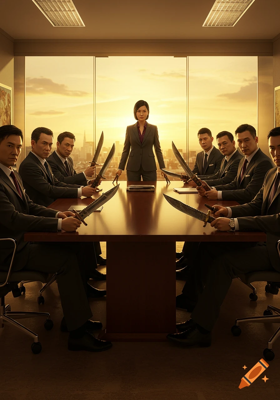 A woman stands at the head of a boardroom table, surrounded by men holding large combat knives, in a tense corporate meeting.