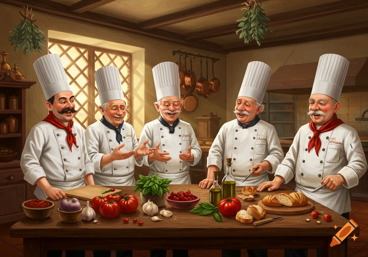 Five smiling master chefs with moustaches and tall hats gathered around a table with fresh vegetables and bread in a kitchen.